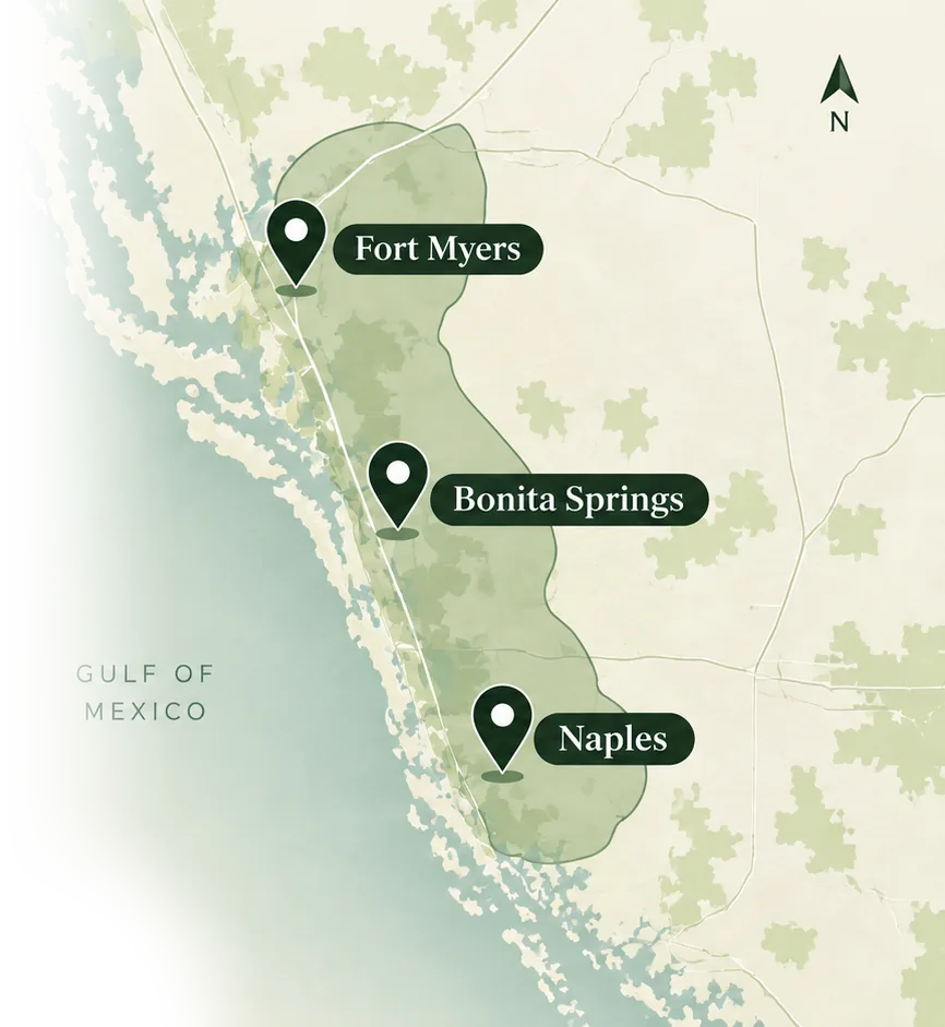 Map of Southwest Florida along the Gulf of Mexico showing our service areas: Fort Myers, Bonita Springs, and Naples.