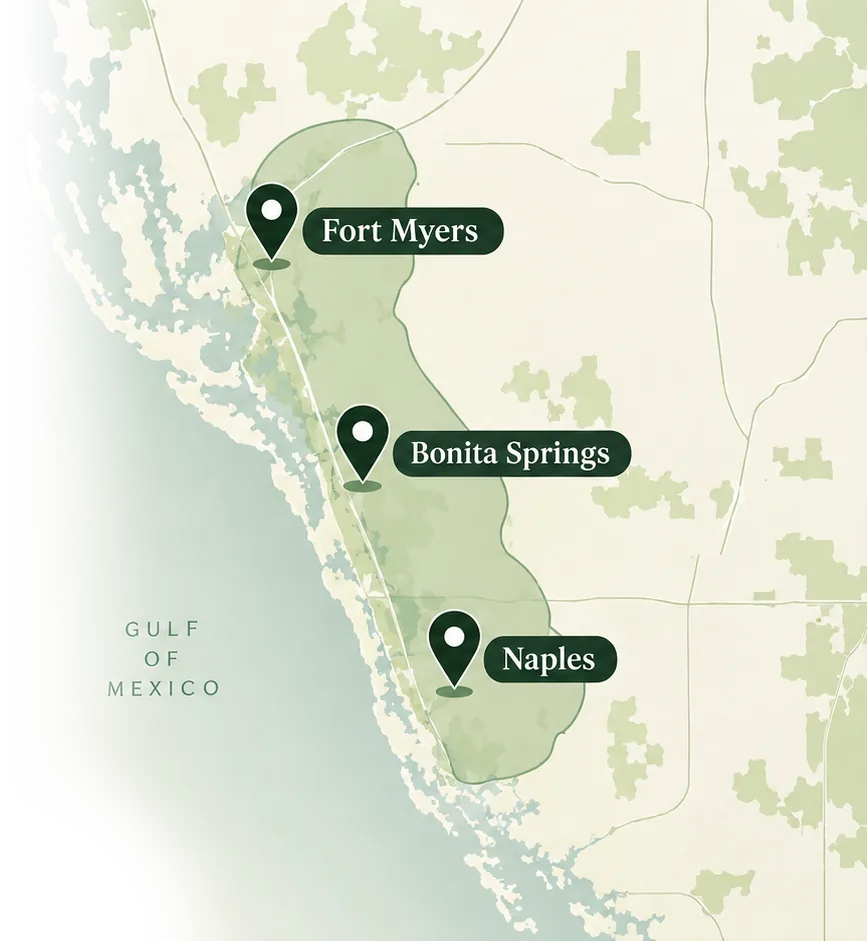 Mapa del suroeste de Florida, junto al Golfo de México, con nuestras áreas de servicio: Fort Myers, Bonita Springs y Naples.